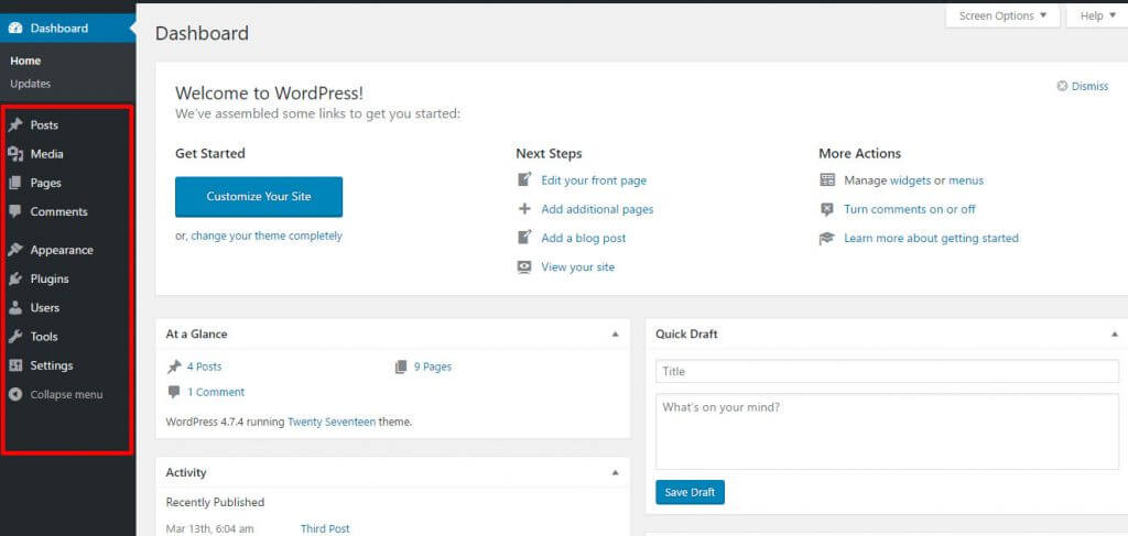 wordpress dashboard